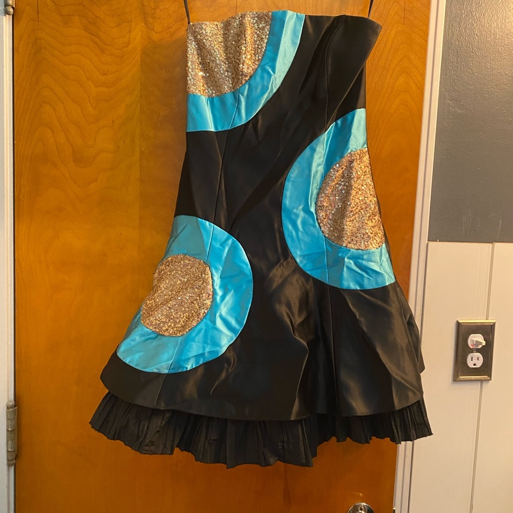 Whimsical Black Dress with Blue and Gold Accents